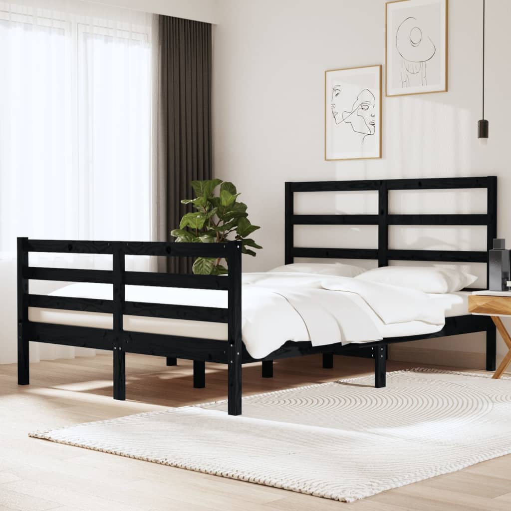 vidaXL Bed Frame Black Solid Wood Pine 135x190 cm Double