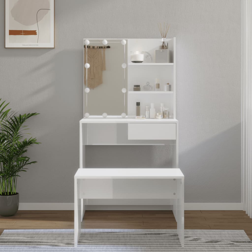 vidaXL Dressing Table Set with LED High Gloss White Engineered Wood