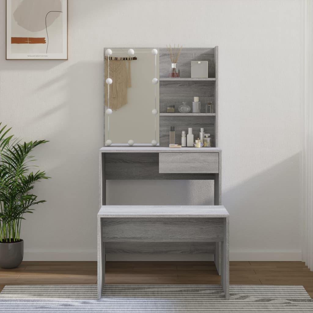 vidaXL Dressing Table Set with LED Grey Sonoma Engineered Wood