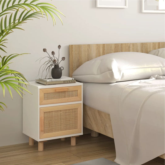 vidaXL Bedside Cabinet White Solid Wood Pine and Natural Rattan