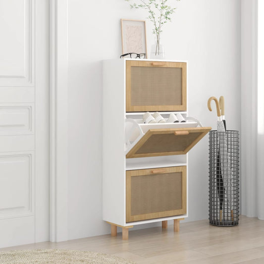 vidaXL Shoe Cabinet White 52x25x115 cm Engineered Wood&Natural Rattan