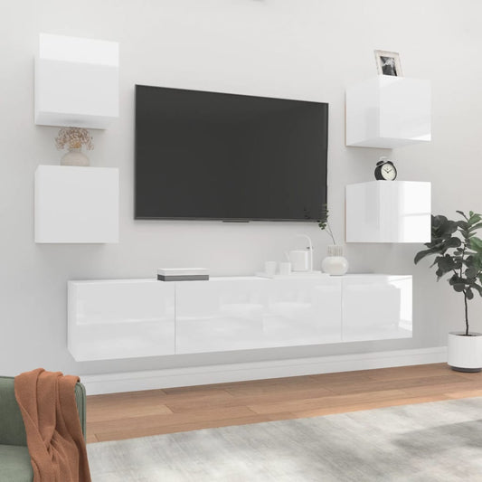 vidaXL 6 Piece TV Cabinet Set High Gloss White Engineered Wood