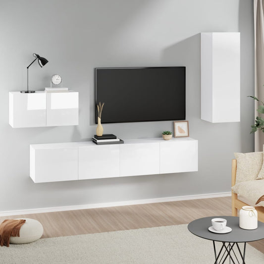 vidaXL 4 Piece TV Cabinet Set High Gloss White Engineered Wood