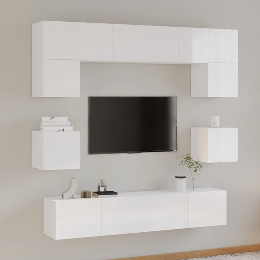 vidaXL 8 Piece TV Cabinet Set High Gloss White Engineered Wood