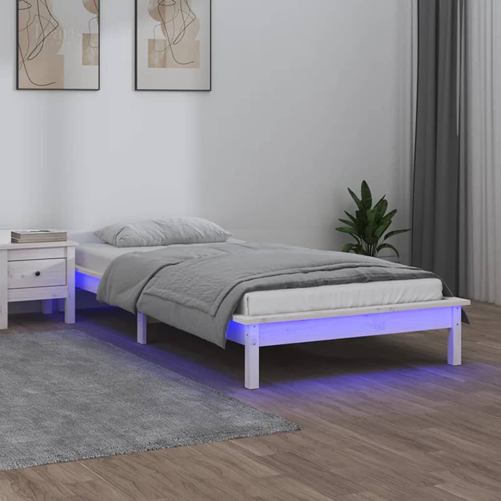vidaXL LED Bed Frame White 75x190 cm Small Single Solid Wood