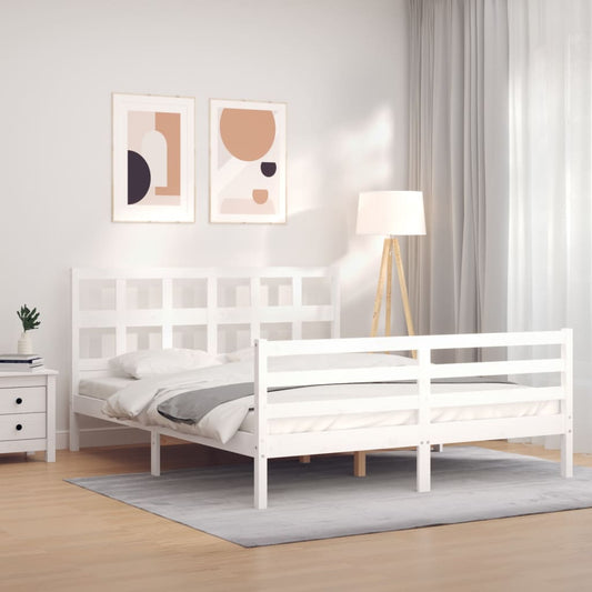 vidaXL Bed Frame with Headboard White King Size Solid Wood
