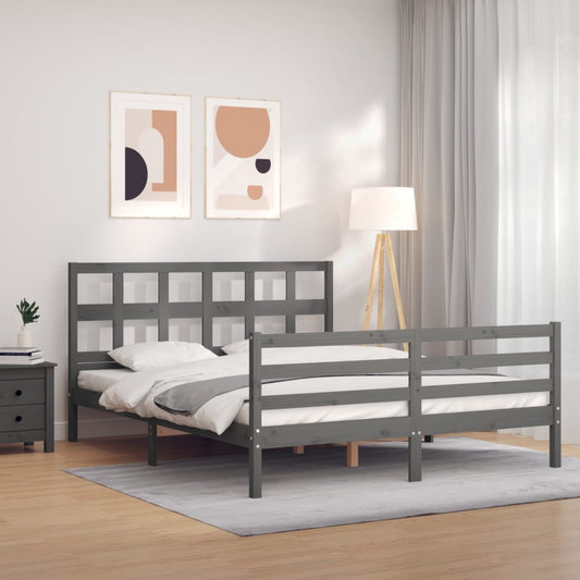 vidaXL Bed Frame with Headboard Grey King Size Solid Wood