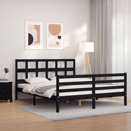 vidaXL Bed Frame with Headboard Black King Size Solid Wood