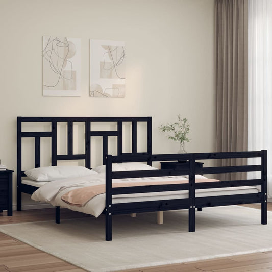 vidaXL Bed Frame with Headboard Black King Size Solid Wood