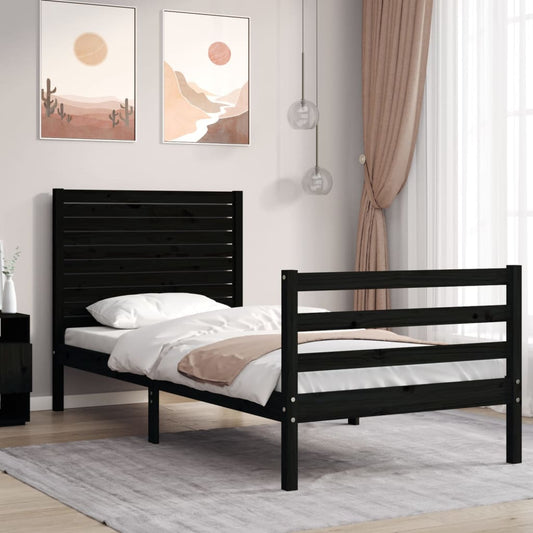 vidaXL Bed Frame with Headboard Black Single Solid Wood