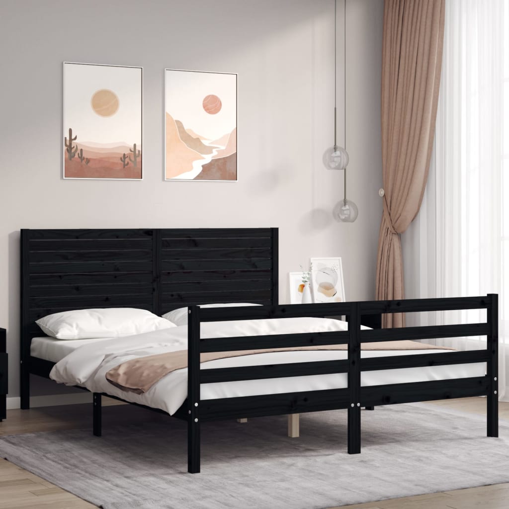 vidaXL Bed Frame with Headboard Black King Size Solid Wood