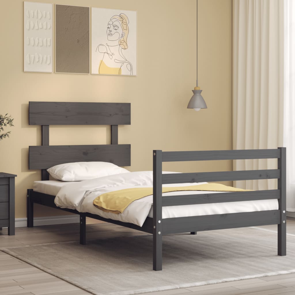 vidaXL Bed Frame with Headboard Grey Single Solid Wood