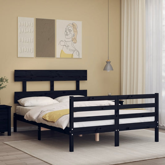 vidaXL Bed Frame with Headboard Black Small Double Solid Wood