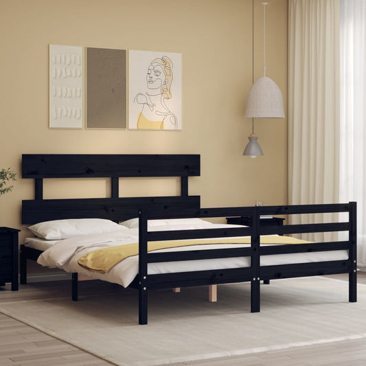 vidaXL Bed Frame with Headboard Black King Size Solid Wood