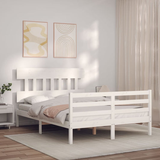 vidaXL Bed Frame with Headboard White Double Solid Wood