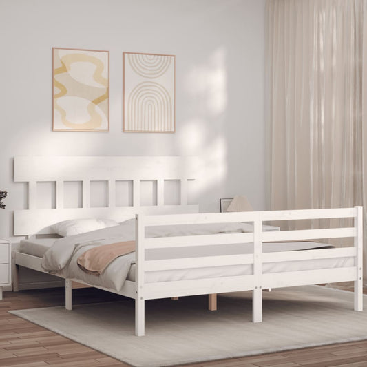 vidaXL Bed Frame with Headboard White King Size Solid Wood