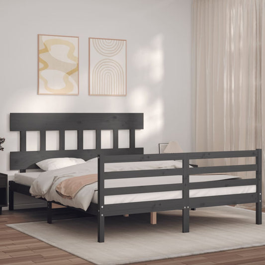 vidaXL Bed Frame with Headboard Grey King Size Solid Wood