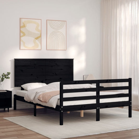 vidaXL Bed Frame with Headboard Black Small Double Solid Wood