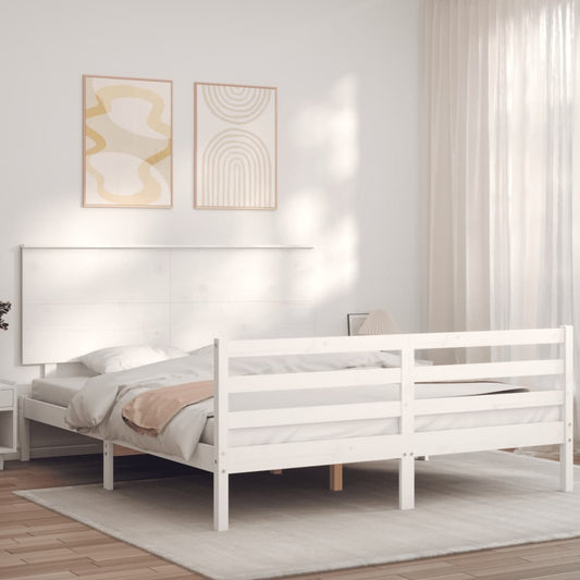 vidaXL Bed Frame with Headboard White King Size Solid Wood