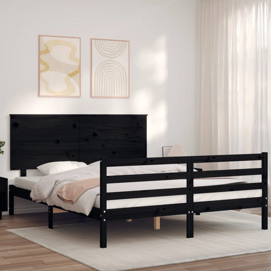 vidaXL Bed Frame with Headboard Black King Size Solid Wood