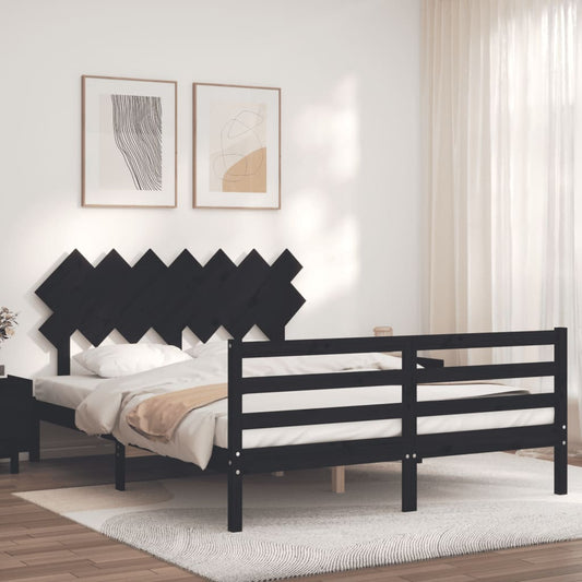 vidaXL Bed Frame with Headboard Black King Size Solid Wood
