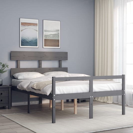 vidaXL Bed Frame with Headboard Grey Double Solid Wood