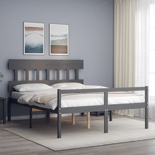 vidaXL Bed Frame with Headboard Grey King Size Solid Wood