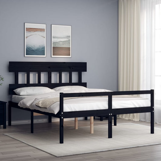vidaXL Bed Frame with Headboard Black King Size Solid Wood