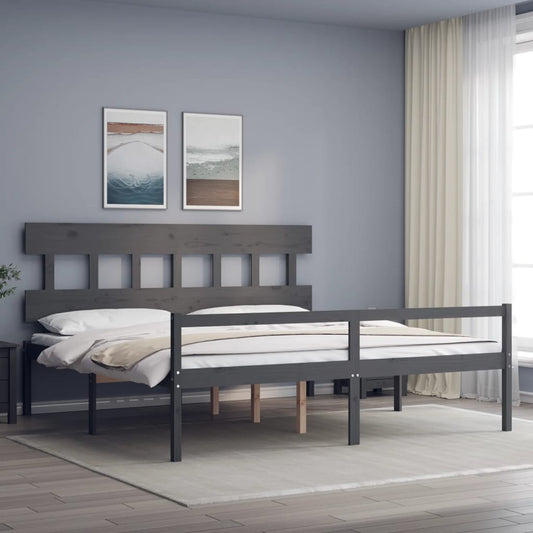 vidaXL Bed Frame with Headboard Grey Super King Size Solid Wood