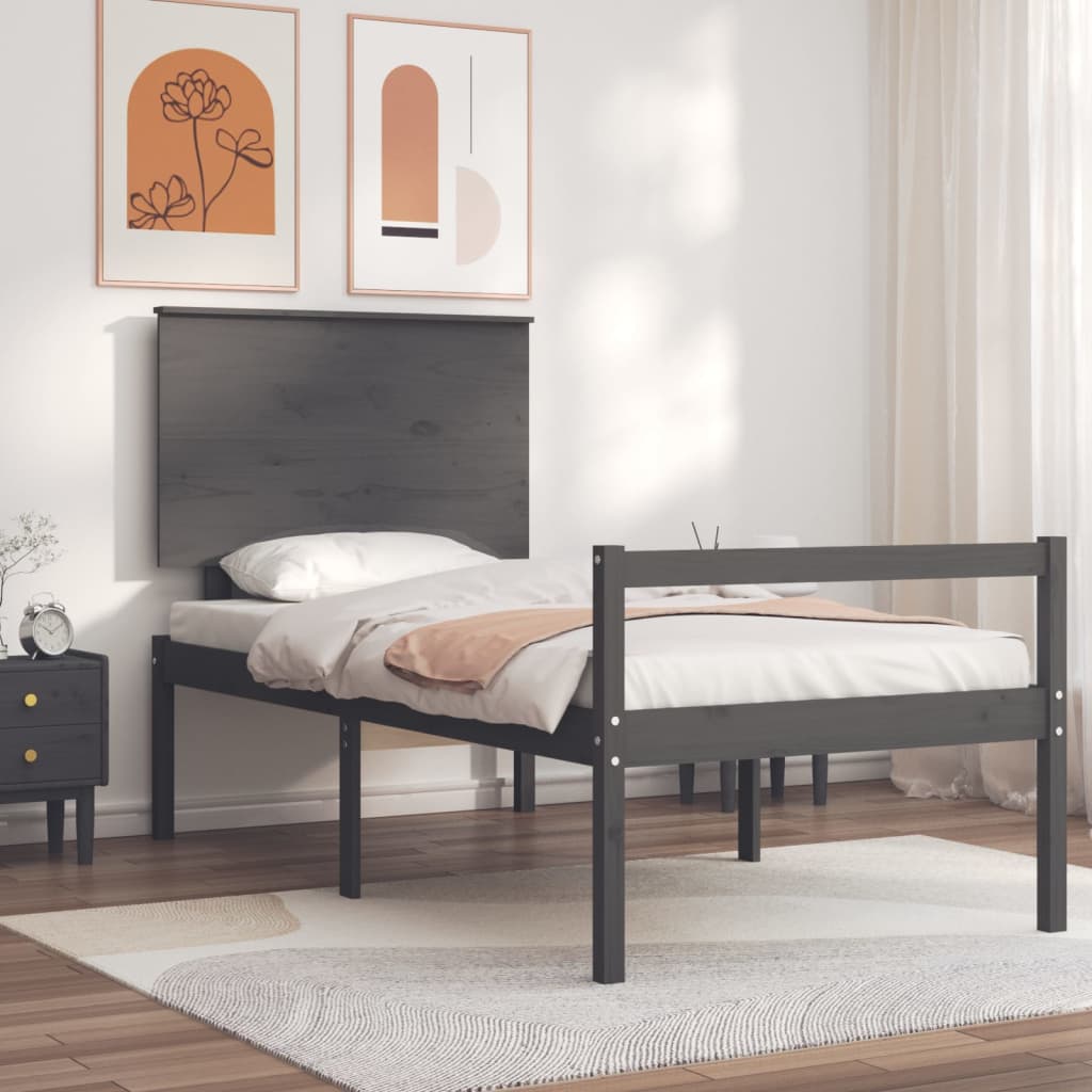 vidaXL Bed Frame with Headboard Grey 90x200 cm Solid Wood