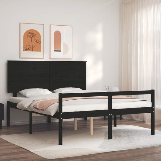 vidaXL Bed Frame with Headboard Black King Size Solid Wood
