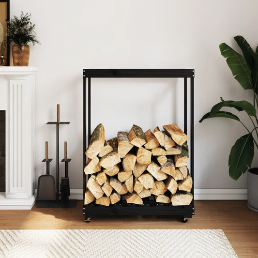 vidaXL Log Holder with Wheels Black 76.5x40x108 cm Solid Wood Pine