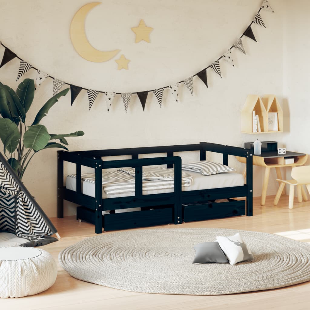 vidaXL Kids Bed Frame with Drawers Black 70x140 cm Solid Wood Pine