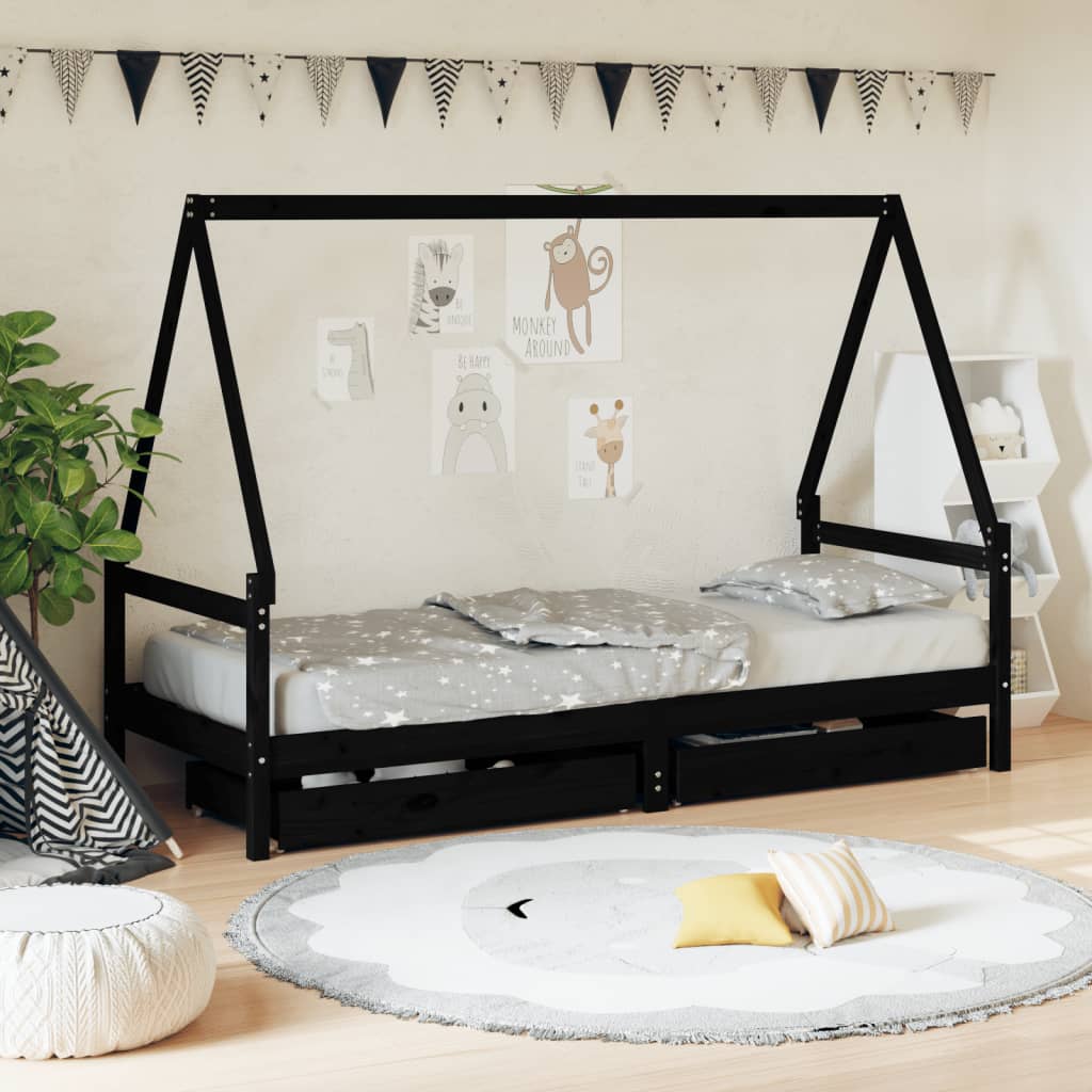 vidaXL Kids Bed Frame with Drawers Black 90x200 cm Solid Wood Pine