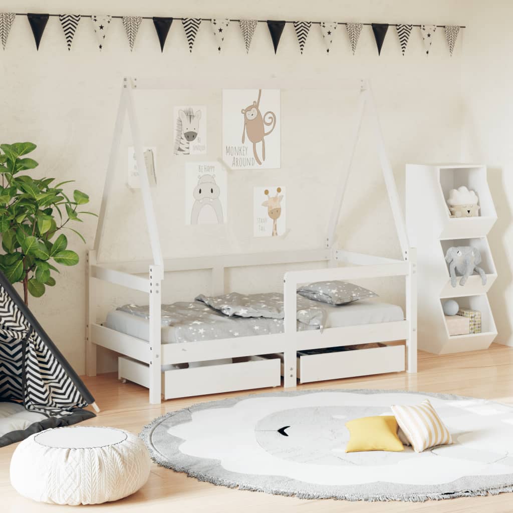 vidaXL Kids Bed Frame with Drawers White 70x140 cm Solid Wood Pine