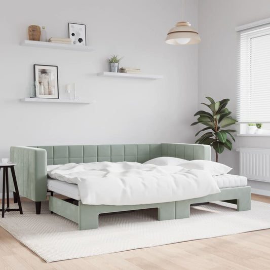 vidaXL Daybed with Trundle and Mattresses Light Grey 90x190 cm Velvet