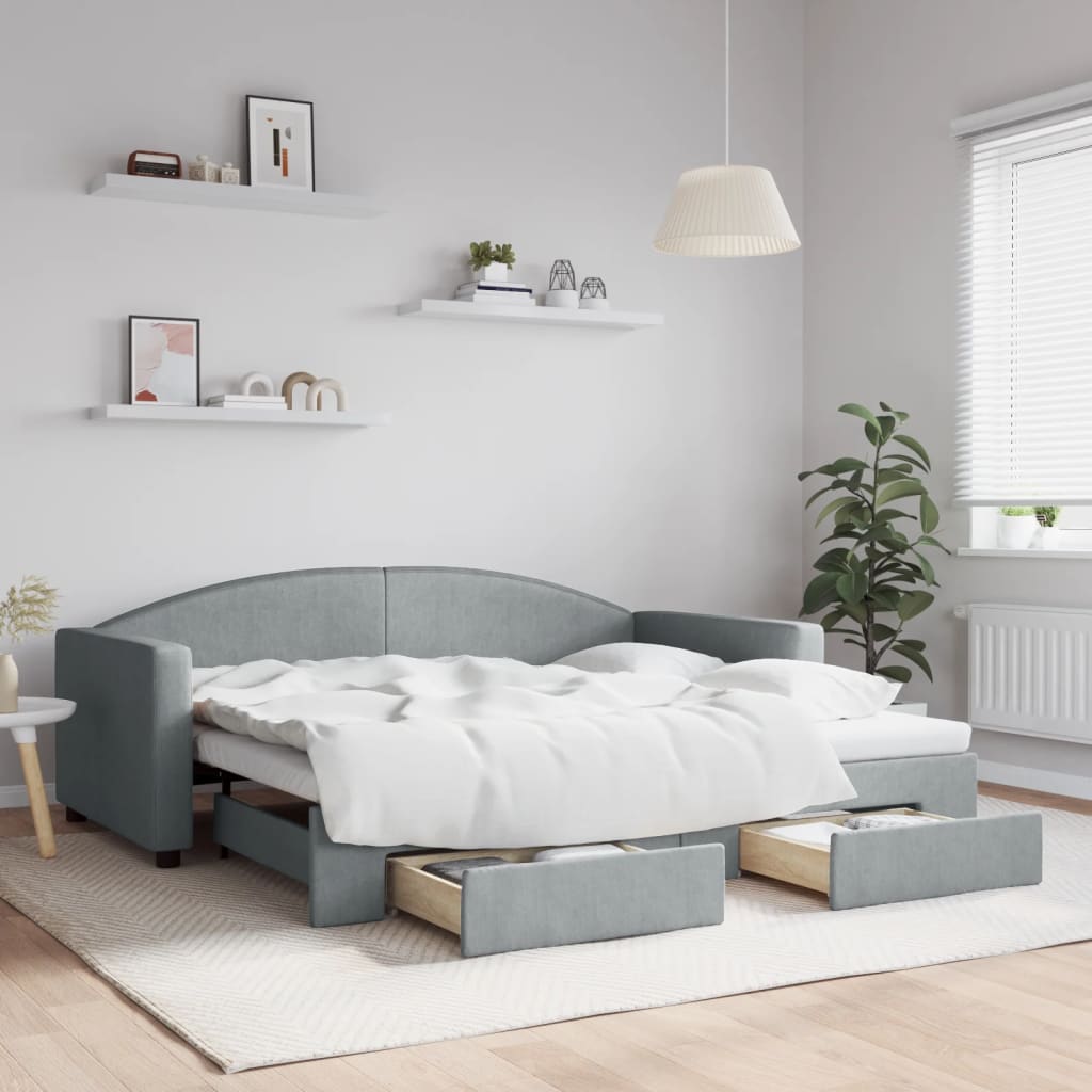 vidaXL Daybed with Trundle and Drawers Light Grey 90x190 cm Fabric