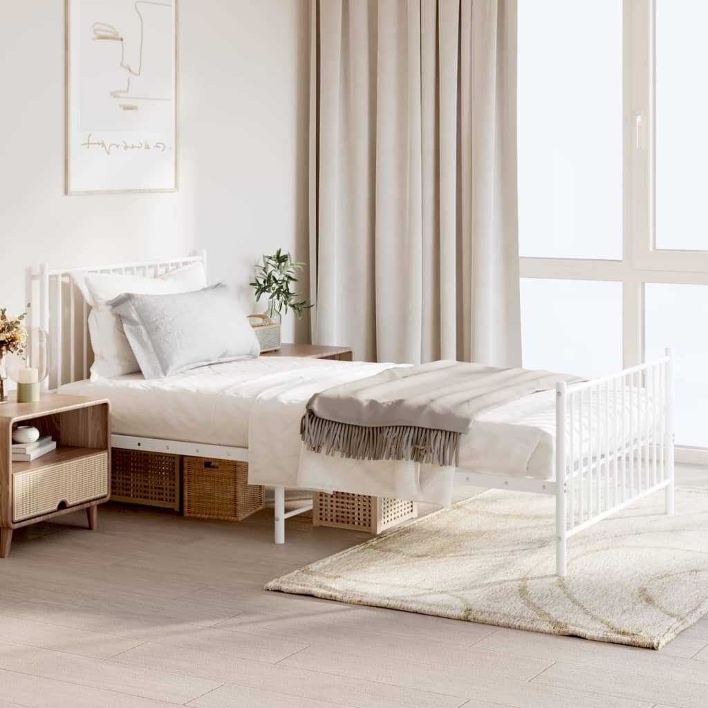 vidaXL Metal Bed Frame with Headboard and Footboard White 100x200 cm
