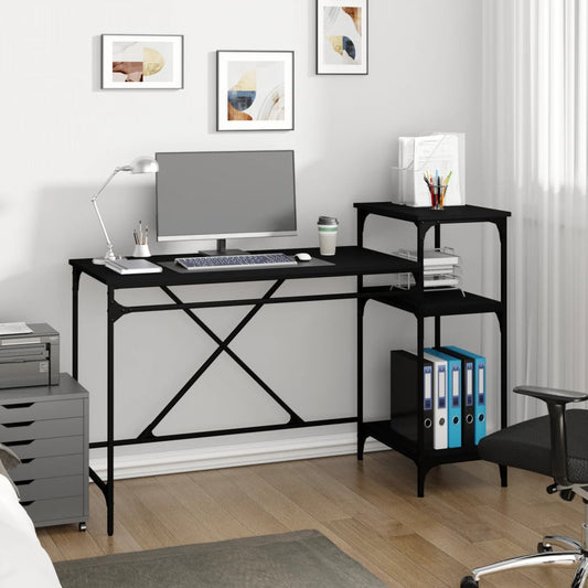 vidaXL Desk with Shelves Black 135x50x90 cm Engineered Wood&Iron