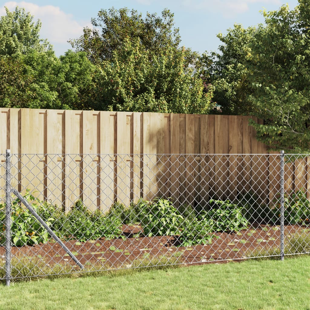 vidaXL Chain Link Fence with Spike Anchors Silver 0.8x25 m