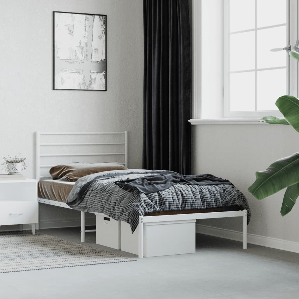 vidaXL Metal Bed Frame with Headboard White 90x200 cm