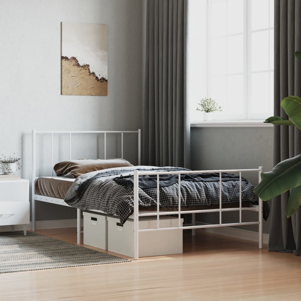 vidaXL Metal Bed Frame with Headboard and Footboard White 100x190 cm