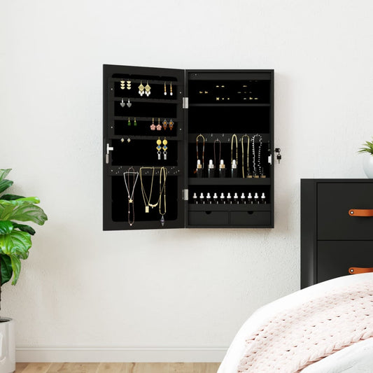 vidaXL Mirror Jewellery Cabinet with LED Lights Wall Mounted Black