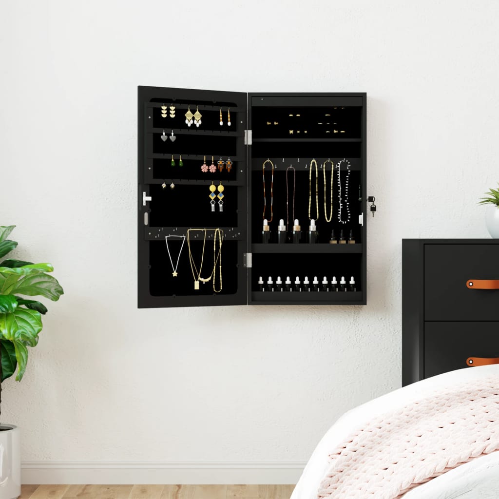vidaXL Mirror Jewellery Cabinet with LED Lights Wall Mounted Black