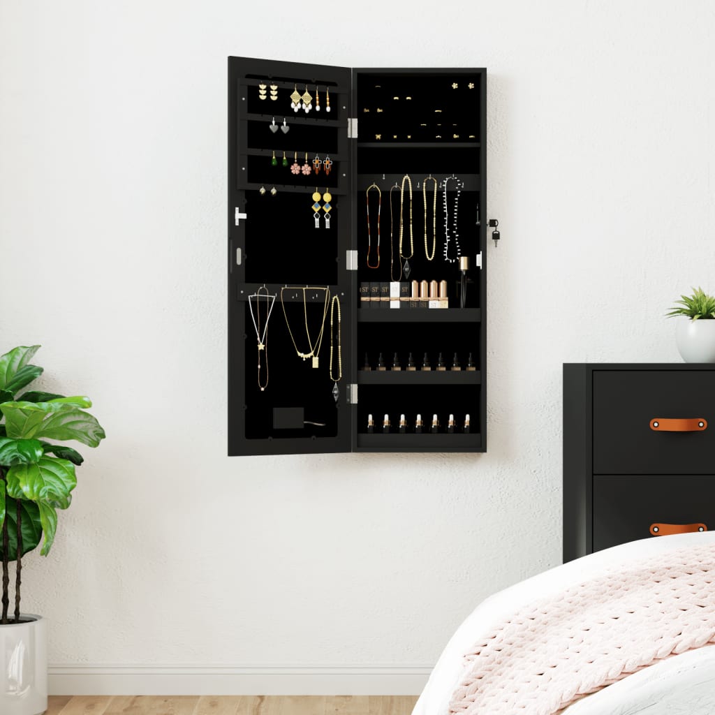 vidaXL Mirror Jewellery Cabinet with LED Lights Wall Mounted Black