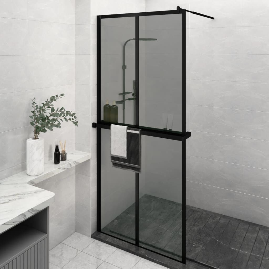 vidaXL Walk-in Shower Wall with Shelf Black 90x195 cm ESG Glass&Aluminium