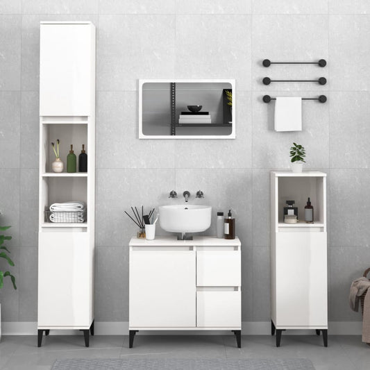 vidaXL 3 Piece Bathroom Cabinet Set High Gloss White Engineered Wood