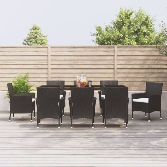 vidaXL 9 Piece Garden Dining Set with Cushions Black Poly Rattan