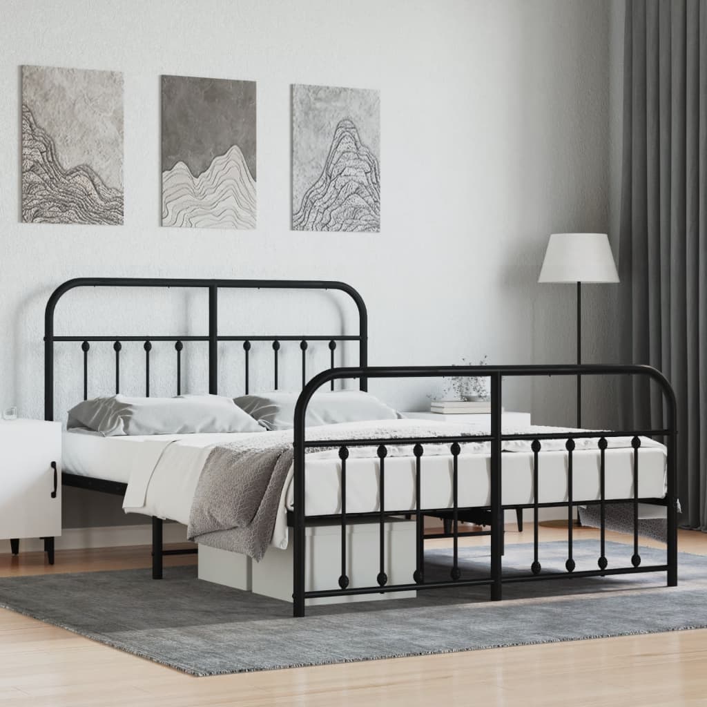 vidaXL Metal Bed Frame with Headboard and Footboard Black 135x190 cm