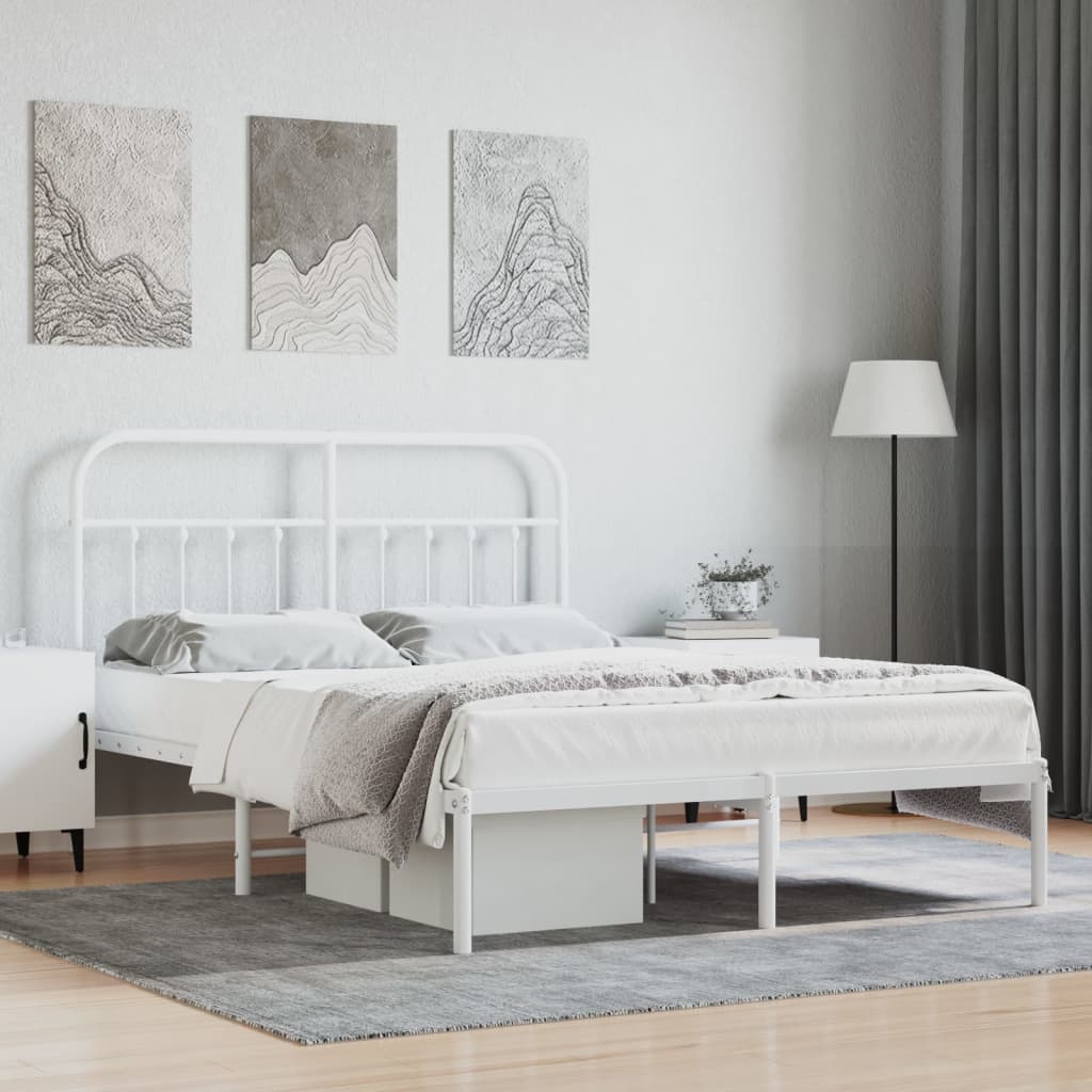 vidaXL Metal Bed Frame with Headboard White 135x190 cm